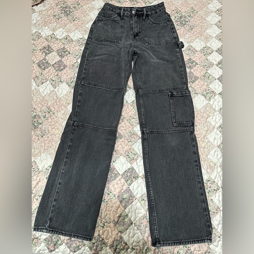 PacSun Women’s 90’s Black Charcoal BF Carpenter Wide Leg Baggy Denim Cargo Jeans